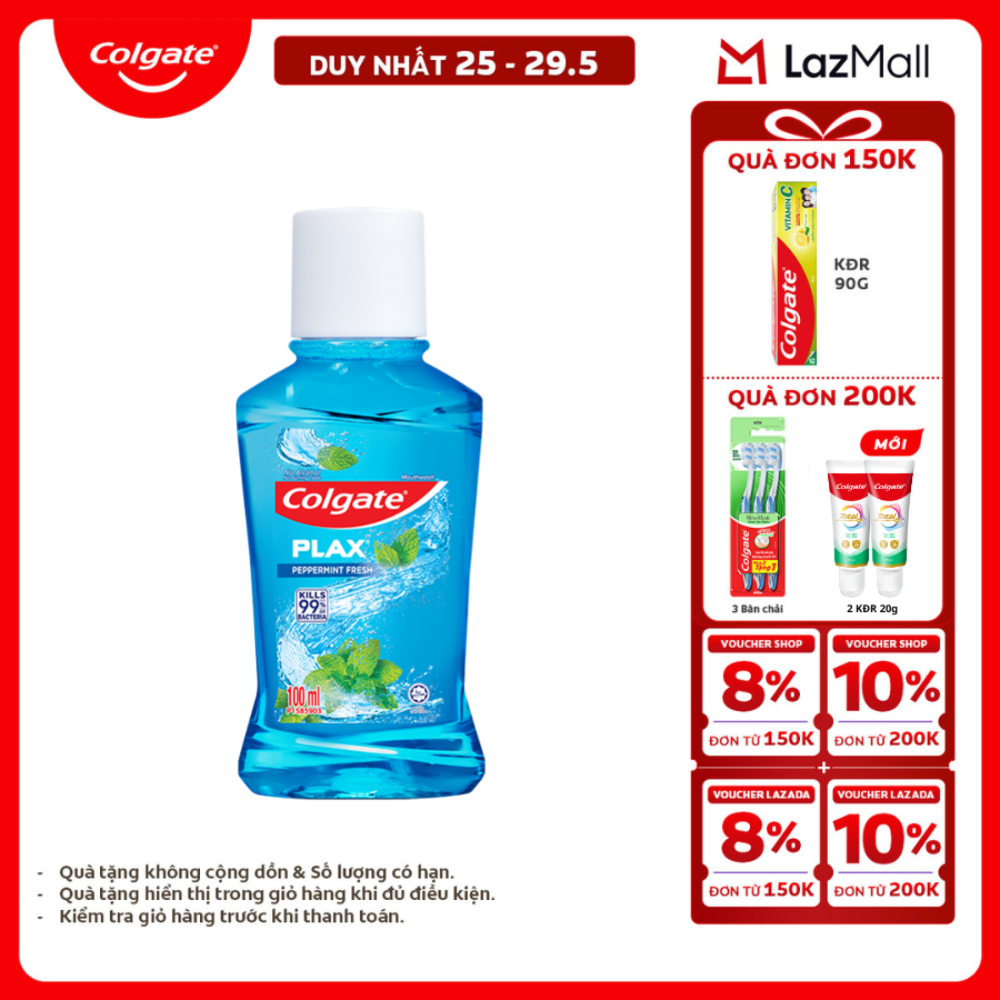 [Chỉ 25-29.5_X2 Voucher giảm 20%] Nước súc miệng Colgate diệt 99% vi khuẩn Plax bạc hà 100ml/chai