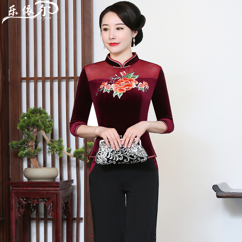 +“”+： Sườn Xám Cách Tân Nhung Vàng Mùa Thu, Trang Phục Nhà Đường, Áo Thêu Ngắn, Trang Phục Cho Mẹ Cổ Điển Kiểu Trung Quốc, Lễ Phục Cưới