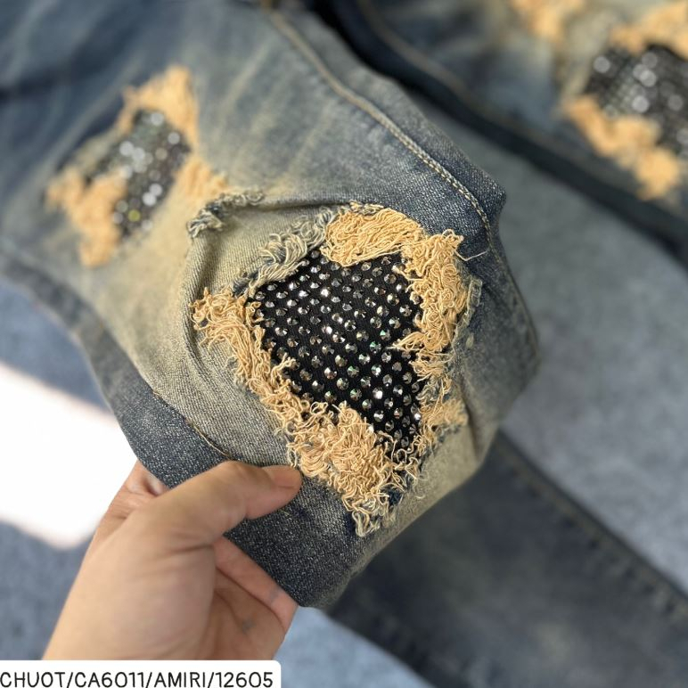  Quần JEAN Đính Đá Xanh Rêu Phối Loang Vàng Quần bò nam đính đá bản rách xước tua vàng xanh mài Shiny Sunday MQU 036 