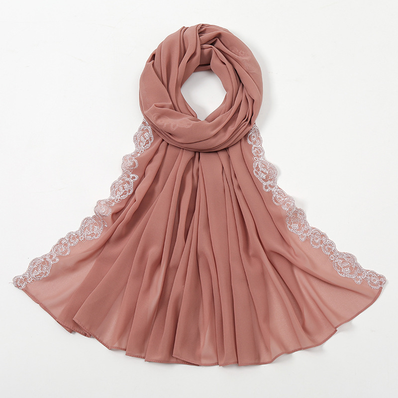 New solid color pearl chiffon fashionable lace edge headscarf popular for women, ethnic style simple and versatile scarf Hair Accessories