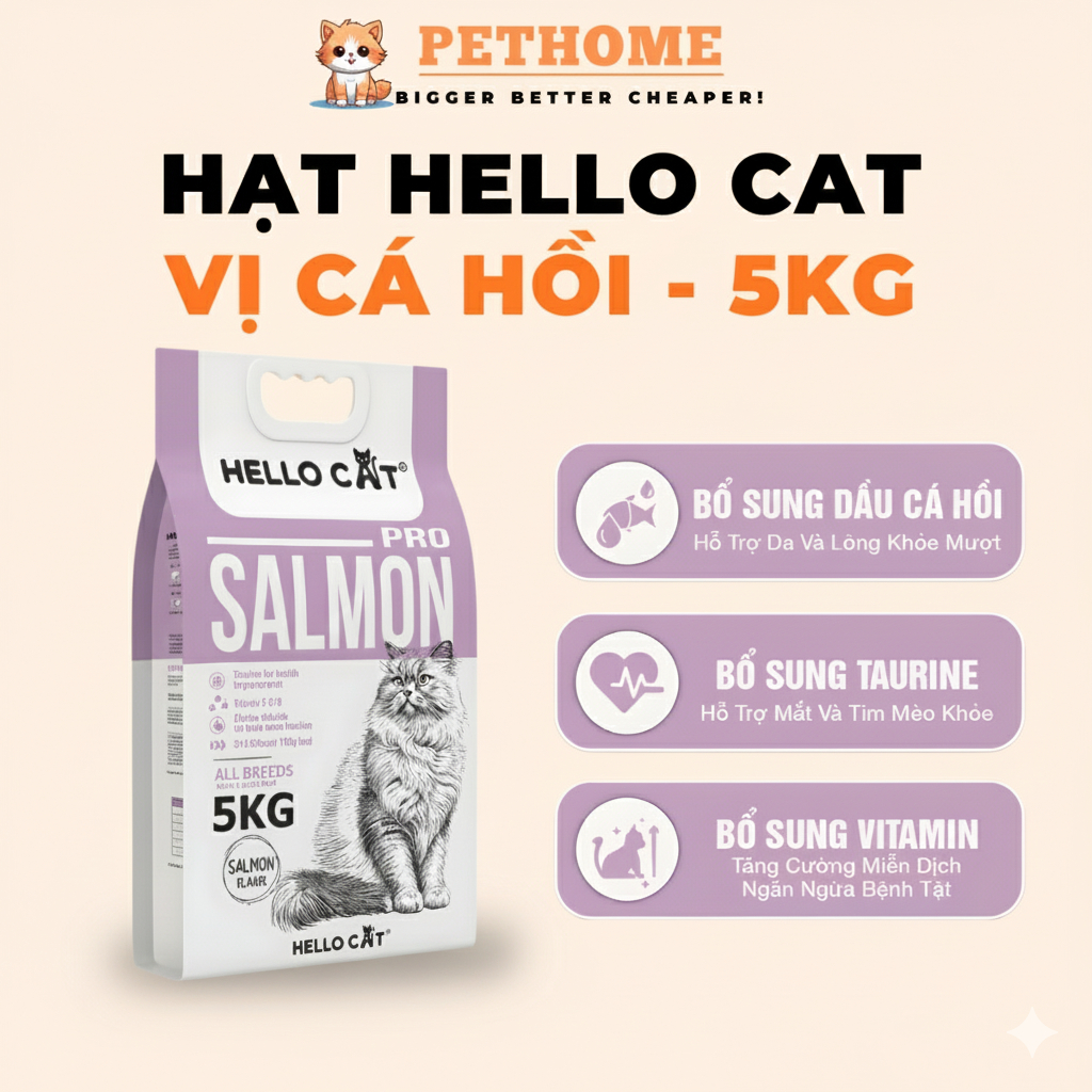 Thức Ăn Cho Mèo Hello Cat Salmon Vị Cá Hồi Túi 5kg – Hạt Dinh Dưỡng Cho Mèo Trưởng Thành