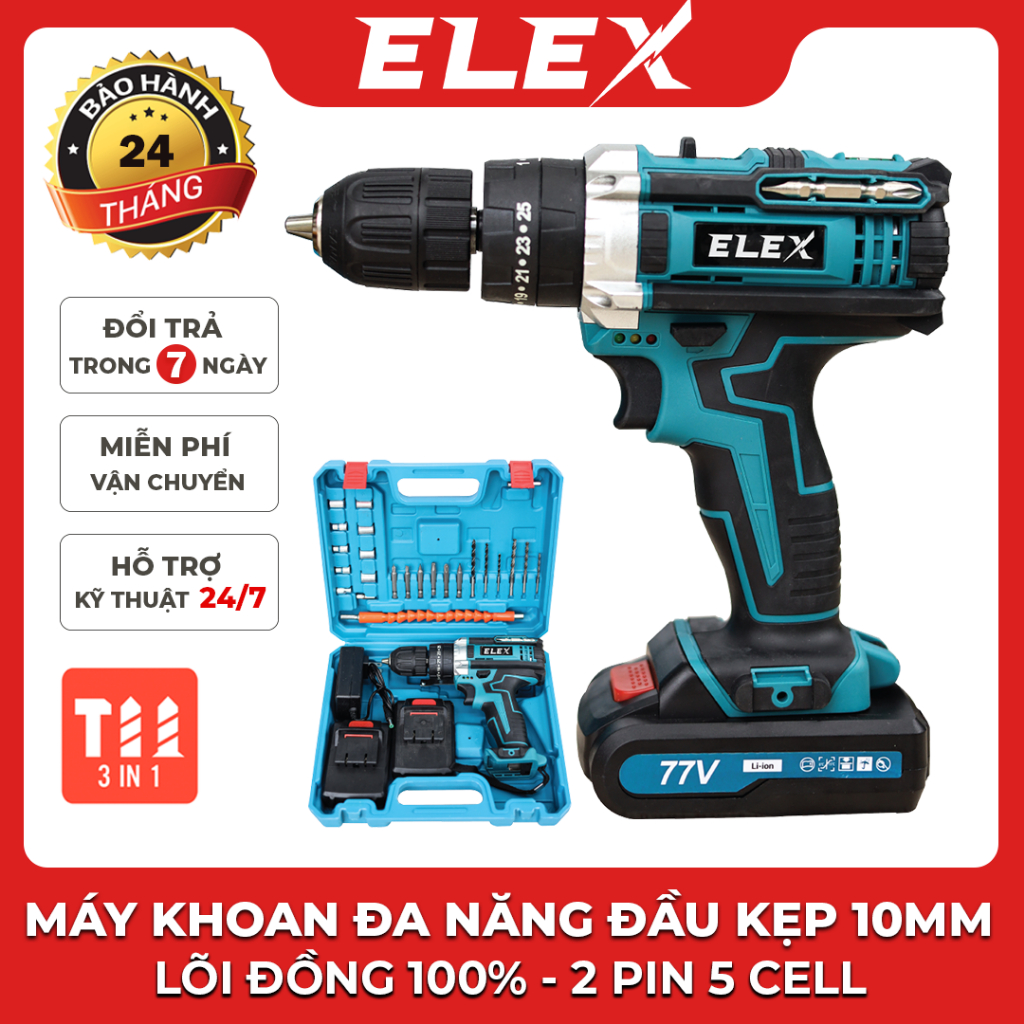 Máy khoan pin 3 Chức Năng - Khoan pin Elex 77VF lõi đồng 100% bảo hành 24 tháng - Blue