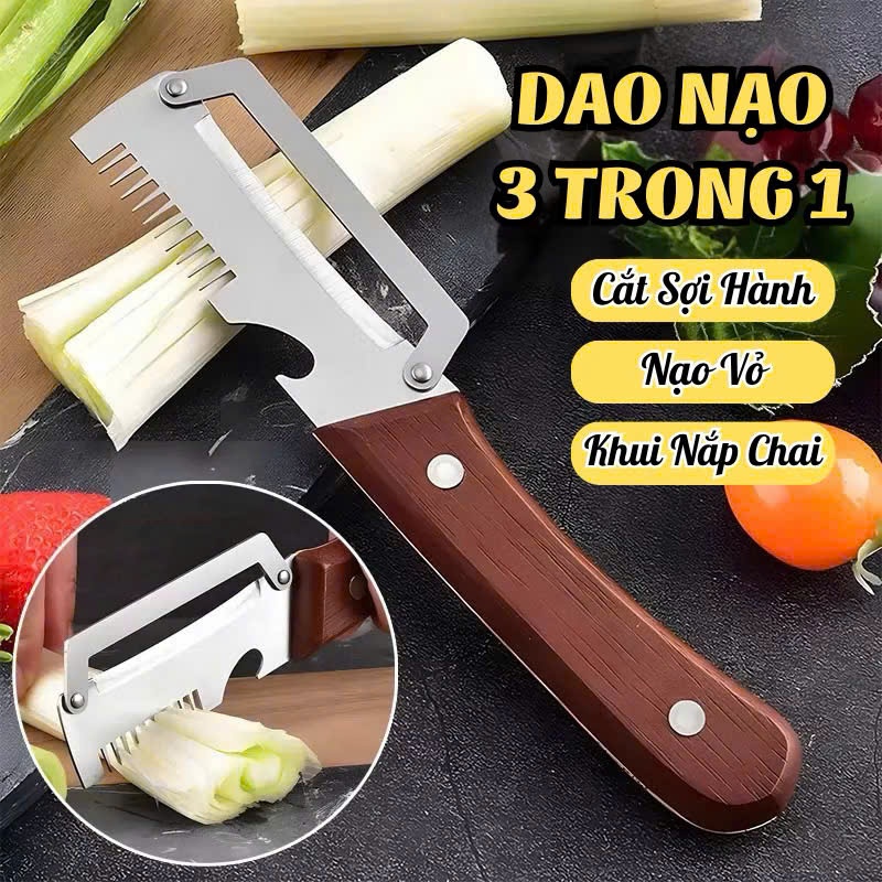 Dụng Cụ Bóc Vỏ Hành Lá Cán Gỗ 3 Trong 1 – Dao Nạo Vỏ Rau Củ, Cắt Sợi Hành Lá, Khui Nắp Chai Inox Cao Cấp PVN9873