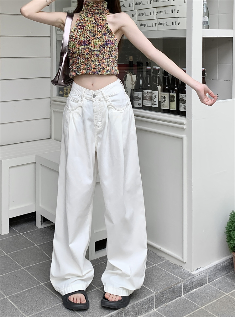 Quần denim mềm màu trắng quần ống đứng suông rộng cạp thấp mới mùa thu quần jean thường ngày ỐNg RộNg nhúng