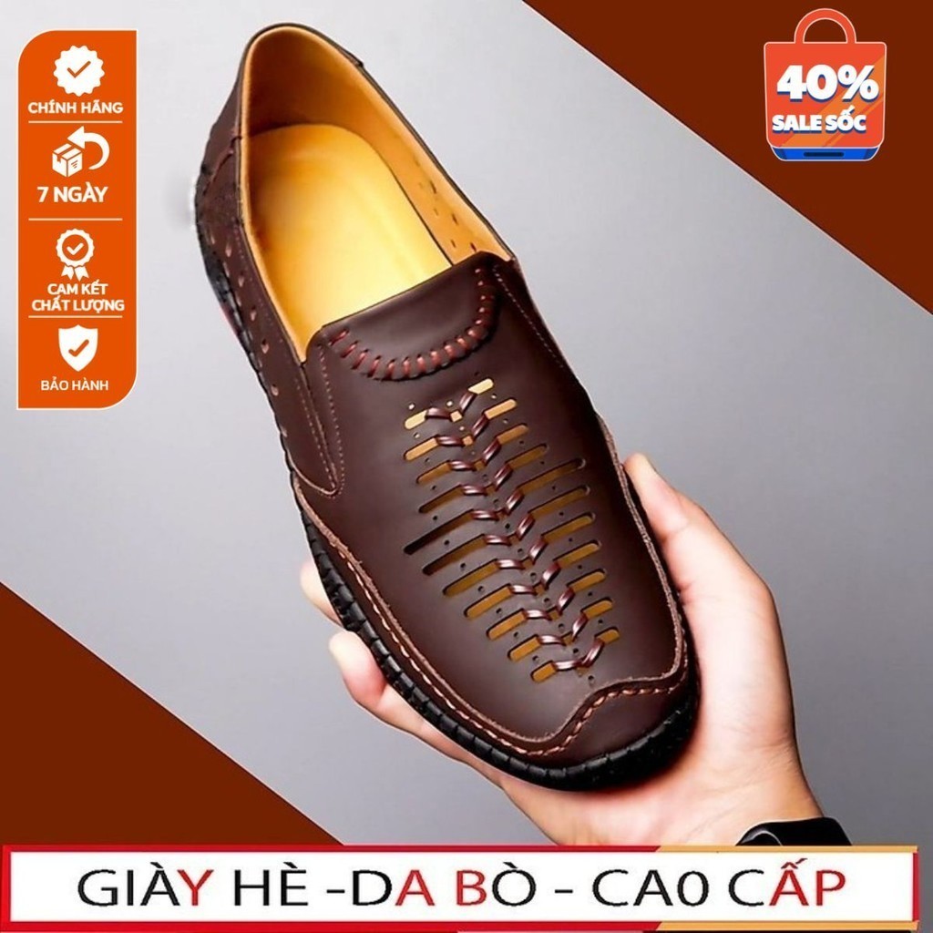 Giày lười nam da bò thoáng mát, giày hè nam siêu mềm êm chân, đế cao su khâu siêu bền