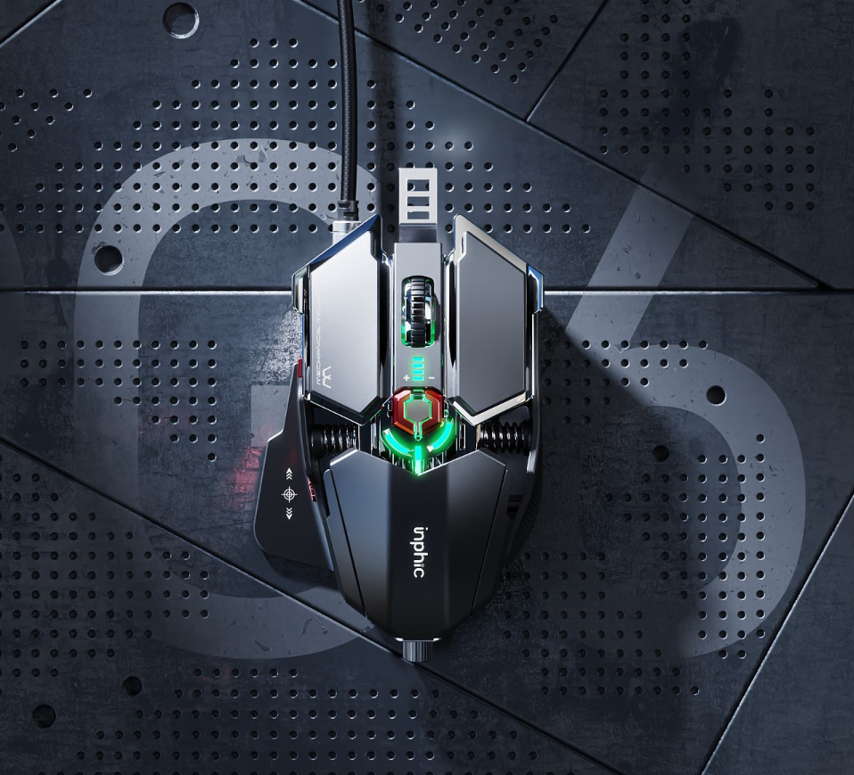Inphic PG6 Wired Gaming Mouse Metal Mechanical Silver RGB Light Professional Esports Game Mouse 7200