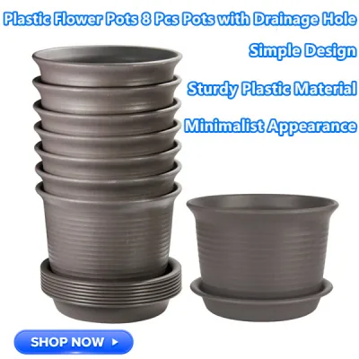 Plastic Flower Pots 8 Pcs Pots with Drainage Hole Planters with Saucers for Modern Plants,Succulents,and Seeding Nursery
