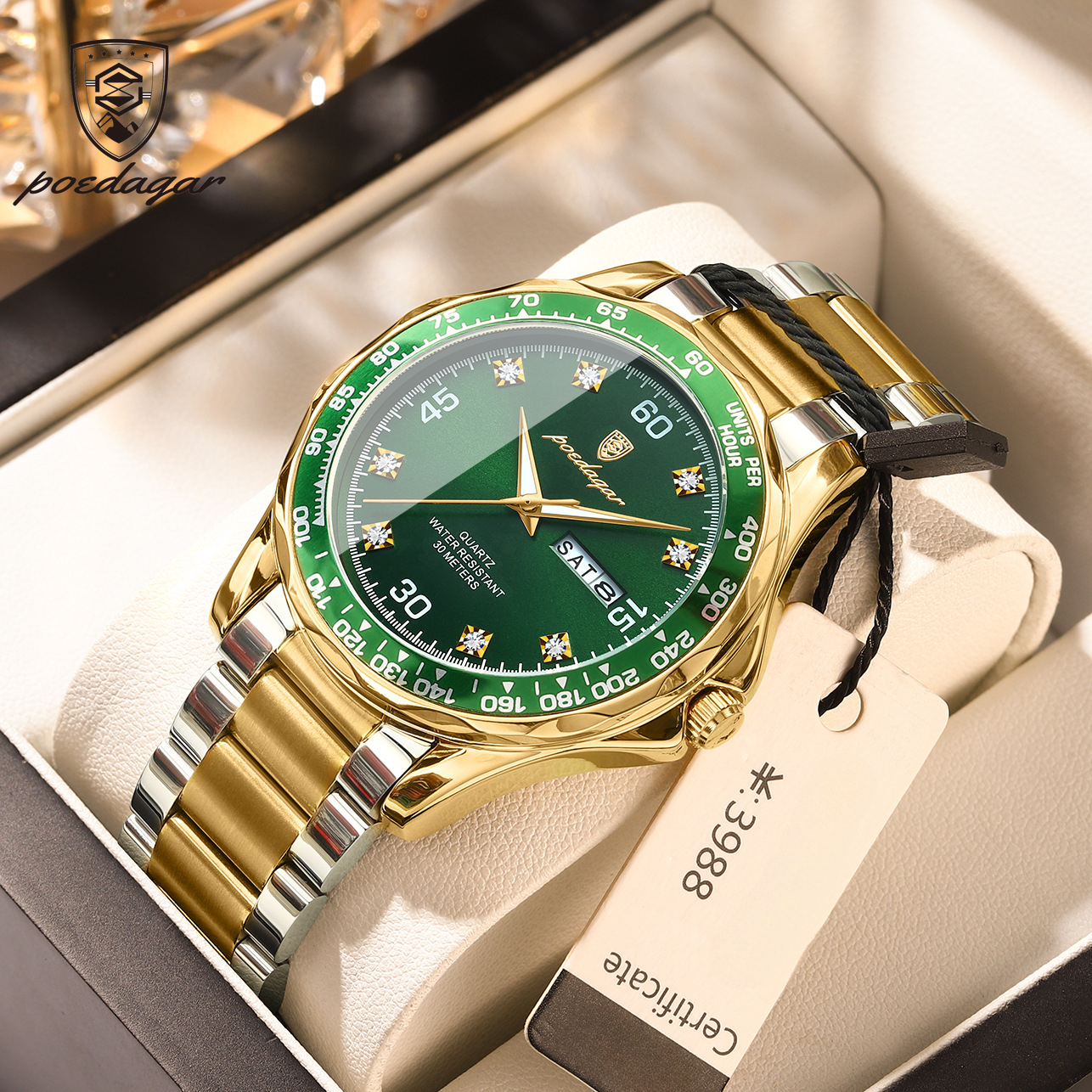 POEDAGAR Thụy Sĩ người đàn ông Đồng hồ thương hiệu sang trọng Đèn chiếu đêm chống nước hiển thị lịch đồng hồ inox