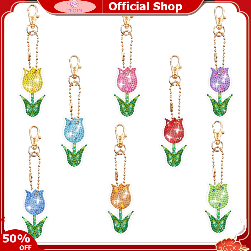 Teqin 8pcs Diamond Picture Keychains, Tulip Key Chains, DIY Diamond Art Key Rings, Floral Crystal Pendant Diamond Embroidery Pictures Craft For Home Decor ราคา 170 บาท*ส่งฟรี