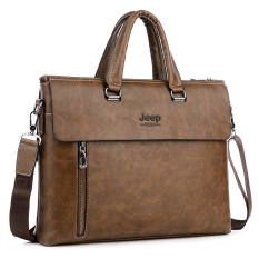 Brand Design Jeep Mens Handbag Business Bags Single Shoulder Bag Male Briefcase Leather Portable Tote Messenger Bag (Brown)