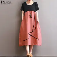 ZANZEA 2017 Summer Women Oversized Loose Plus Size Stiching Patchwork Short Sleeve Linen Cotton Midi Dress Casual Retro Party Beach Baggy Tunic Kaftan ...