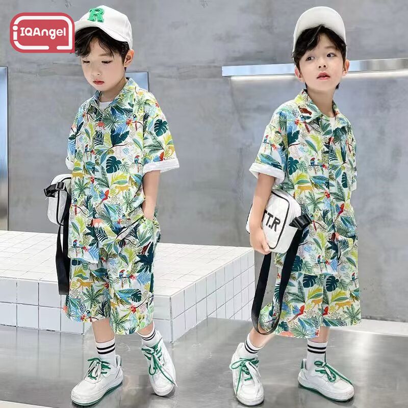 IQANGEL Children's Shirt, Boys Summer Tropical Printing Short Sleeve Shirt and Shorts Suit ราคา 256 บาท*ส่งฟรี