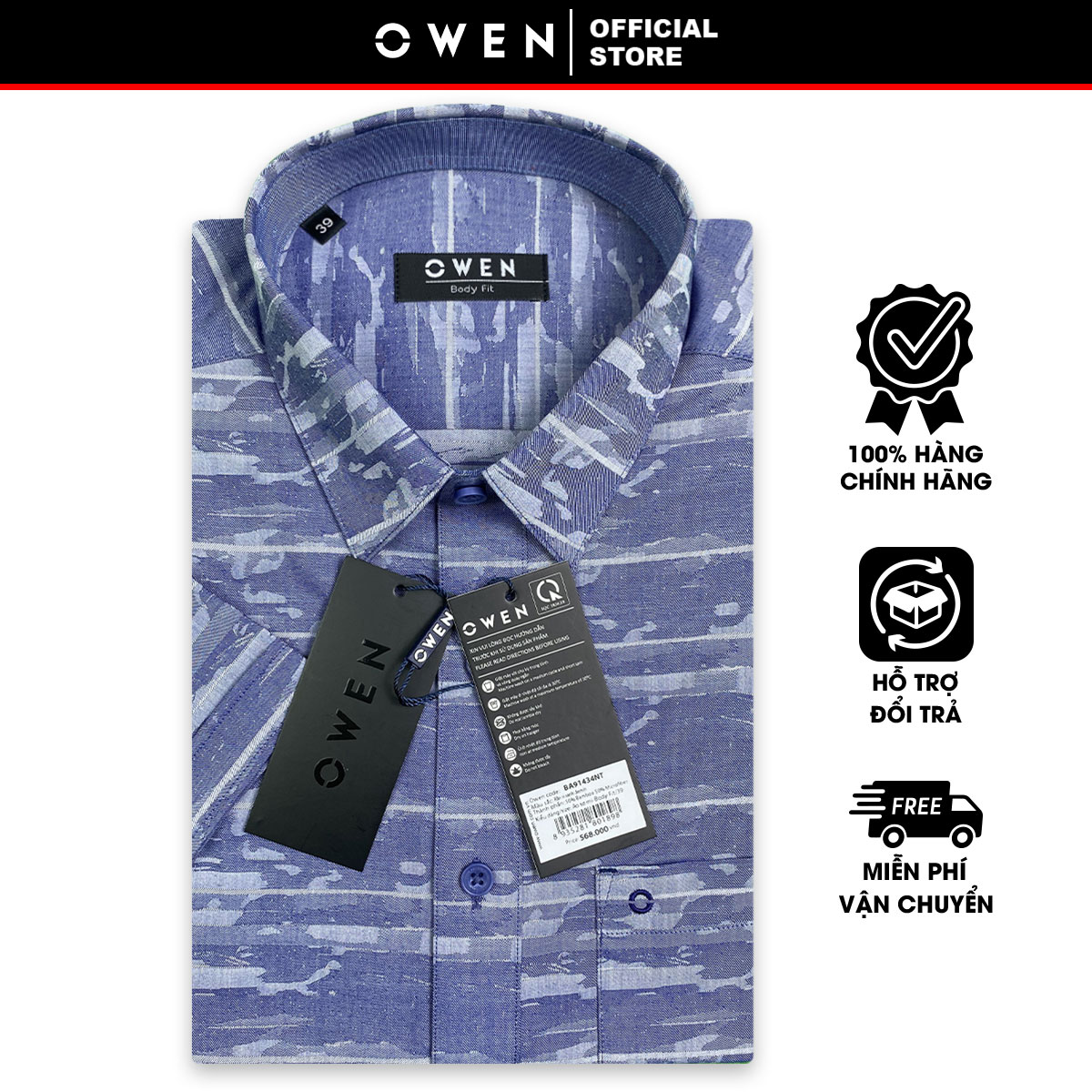 OWEN SALE - Áo Sơ Mi Owen Tay Ngắn Màu Rằn Ri Xanh Demin  Họa Tiết Hoa Văn Form Body Fit Lai Ngang C