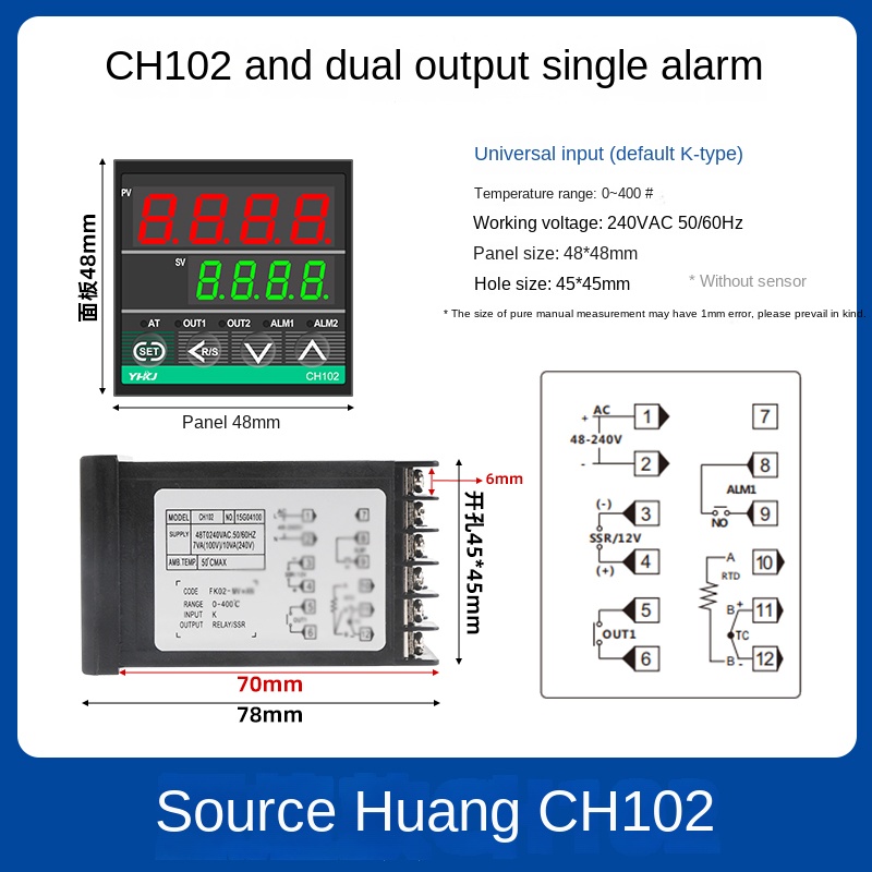 Bộ Điều Nhiệt CH102 vỏ ngắn | CH102/402/702/902 Nguồn Hoàng, PID 1300°C, 250V/10A, 4-20mA, Đơn/Đôi Báo Lỗi, Xanh/Đen, Công Nghiệp