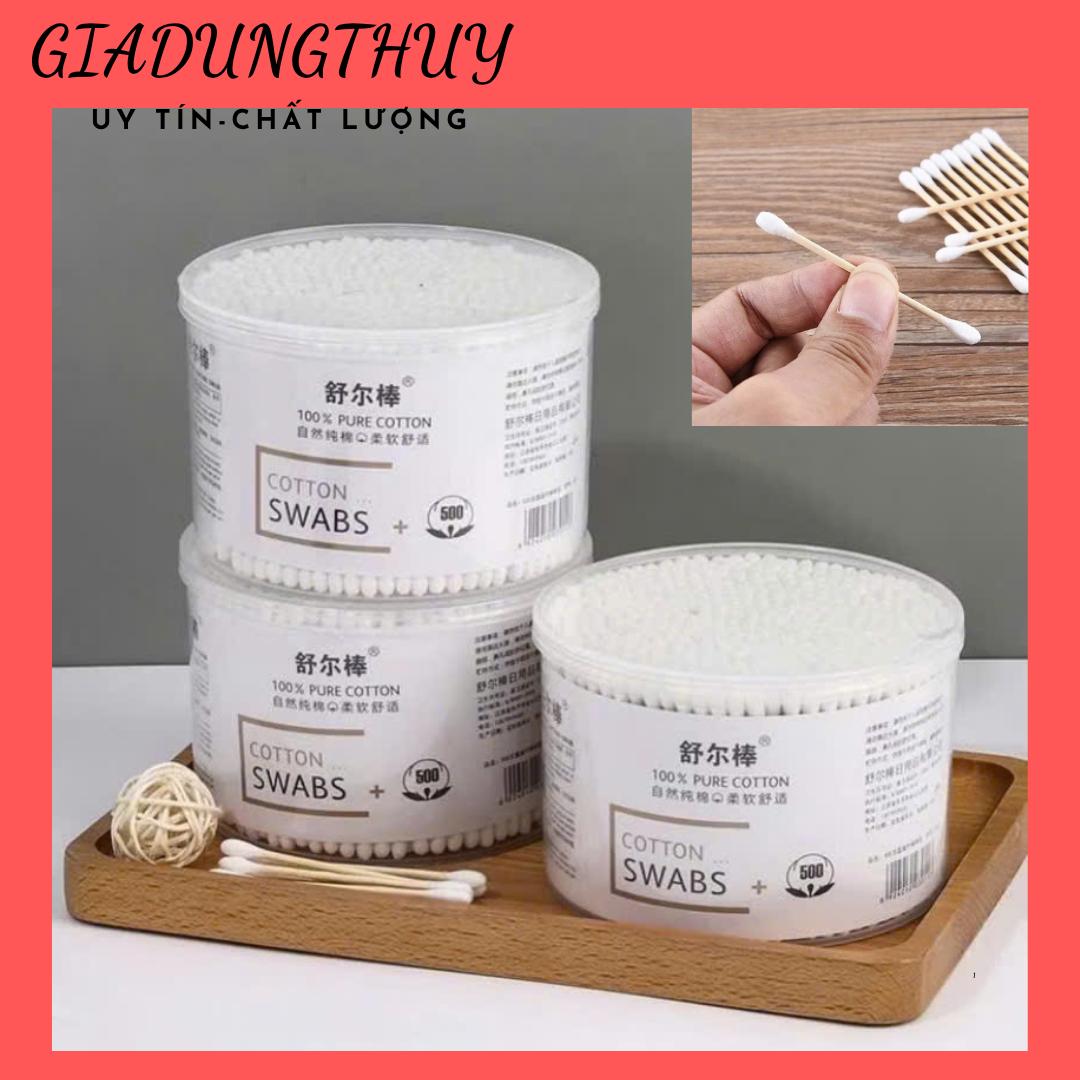 Hộp tăm bông ngoáy tai thân gỗ 2 đầu tròn xoắn thân thiện với môi trường, tăm bông cho trẻ, 500 que tăm/hộp