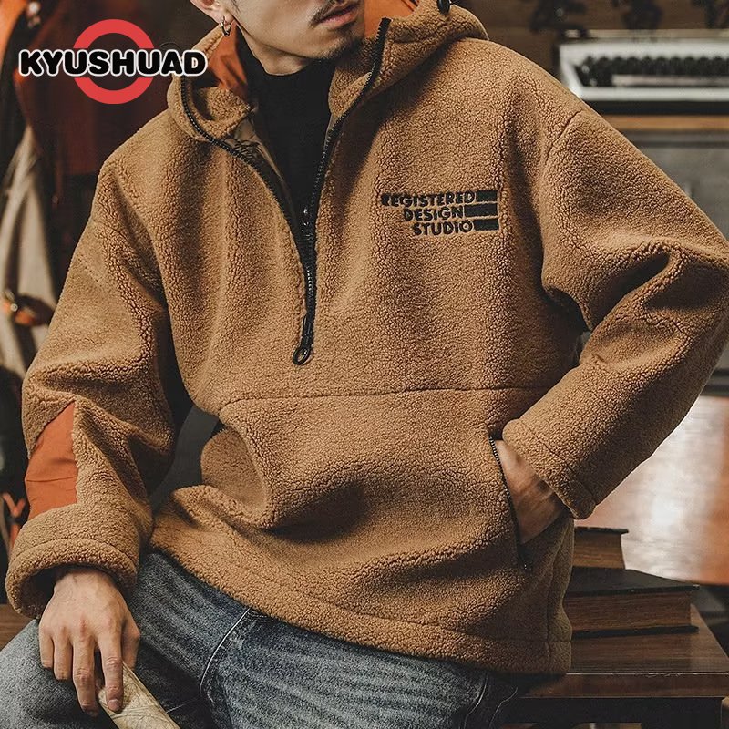 KYUSHUAD Áo Hoodie Sherpa cổ điển hạng nặng kiểu Mỹ cho nam áo nỉ có khóa kéo áo chui đầu ấm dày