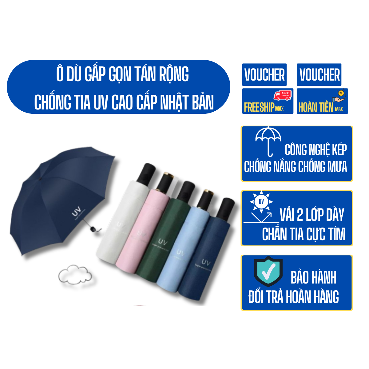 [ TFT Homeware ] Ô dù che mưa nắng gấp gọn tán rộng chống tia UV cao cấp nhật bản, siêu chắc chắn, công nghệ mới