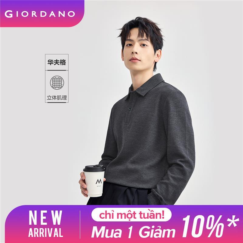  GIORDANO Nam Áo thun Polo Waffle trơn màu đơn giản cơ bản Áo thun Polo dài tay thời trang cổ điển thường ngày Áo thun Polo 01015783 