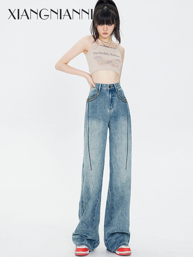 XIANG NIAN NI women s jeans High Waist Loose Wide Leg Vintage Jeans Y2K