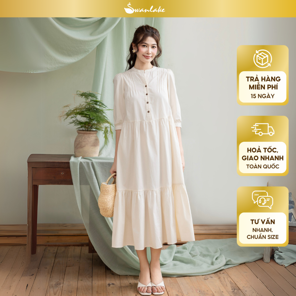 Swanlake | Váy Đầm Phom Chữ A Dáng Dài Cổ Trụ Tay Lỡ Chất Liệu Cotton Xếp Ly Thân Trước - D12355