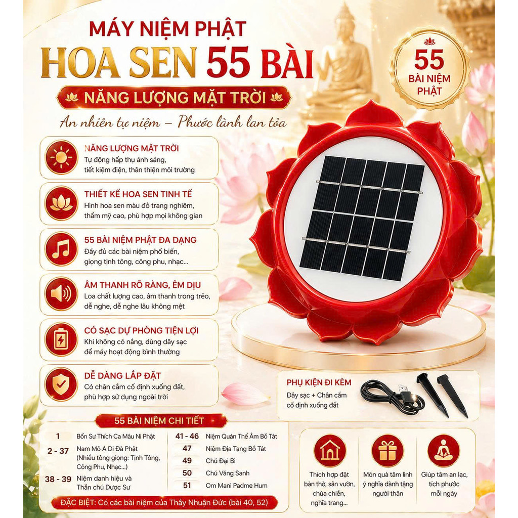 Máy Niệm Phật Hoa Sen 55 Bài – Sạc Năng Lượng Mặt Trời, Âm Thanh Êm Dịu