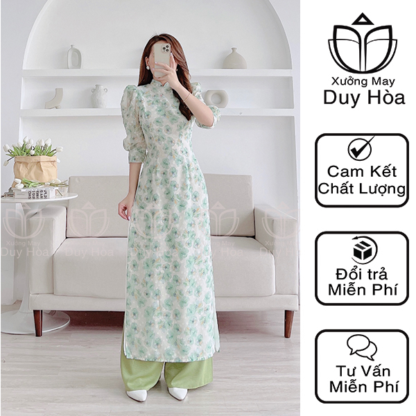 Áo dài hoa nhí  màu xanh cách tân 4 tà  tay bồng cổ hai phần duyên dáng thướt tha - HN008