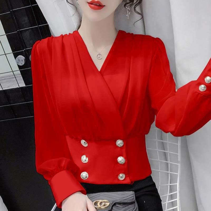 Luxqlo Áo kiểu màu đỏ phụ nữ cỡ lỡn thời trang V cổ áo sơ mi phong cách Hàn Quốc thiết kế mới dài ta