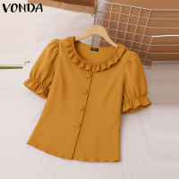 VONDA Womens Streetwear Korean Style Short Sleeve Blouses Ruffled Edge Solid Color Top For Work & Formal Occasion