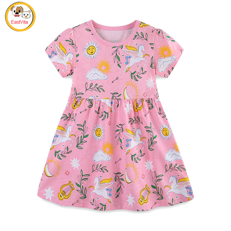 Girl Summer Casual Dress Children's Cotton Round Neck Short Sleeves Cartoon Printed Princess Dress ราคา 205 บาท*ส่งฟรี