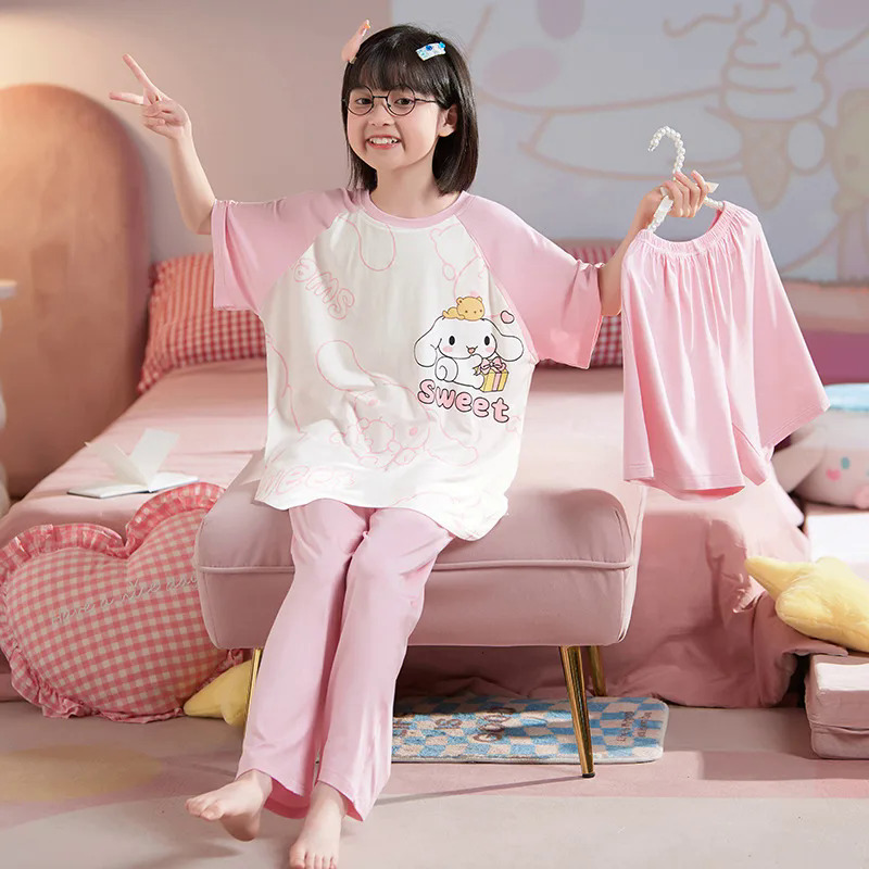 Sanrio Trẻ Em Mùa Hè Đồ Ngủ Ba Mảnh Kawaii cinnamoroll Giai Điệu Anime Kuromi T-Shirt Quần Bộ Quần Áo Trẻ Em