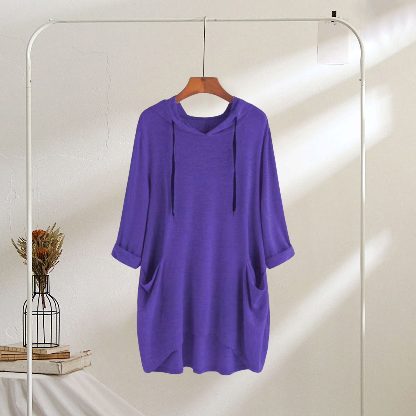 Shemi Áo chui đầu nữ áo nỉ mùa thu của phụ nữ quá khổ Hoodie có túi 3/4 Tay Áo chui đầu cho mùa thu giản dị áo outwear