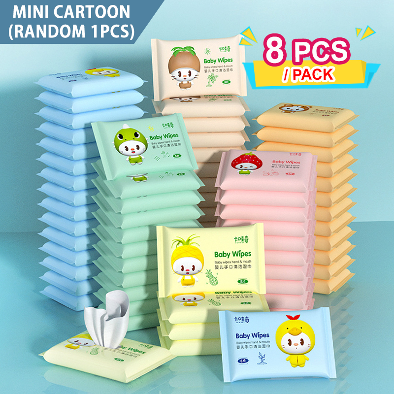 《 𝗔𝗟𝗖𝗢𝗛𝗢𝗟 𝗙𝗥𝗘𝗘》10 Pcs Baby Wipes Tissue Cute Mini Pack Wet Tissue Travel Cleansing Towelettes Tisu Basah Baby 婴儿湿纸巾