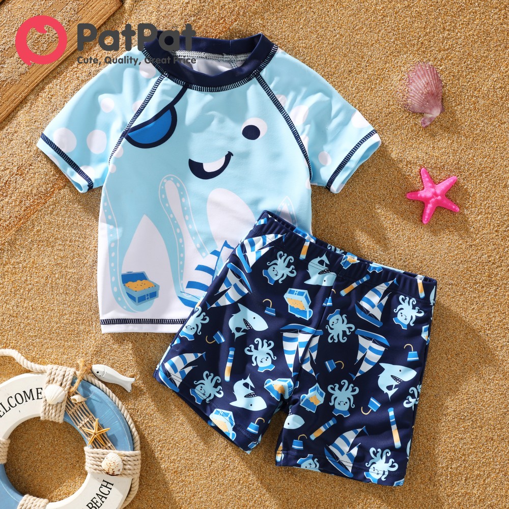 PatPat 2pcs Toddler Boy Childlike Marine Animal Swimsuit Top and Shorts Set