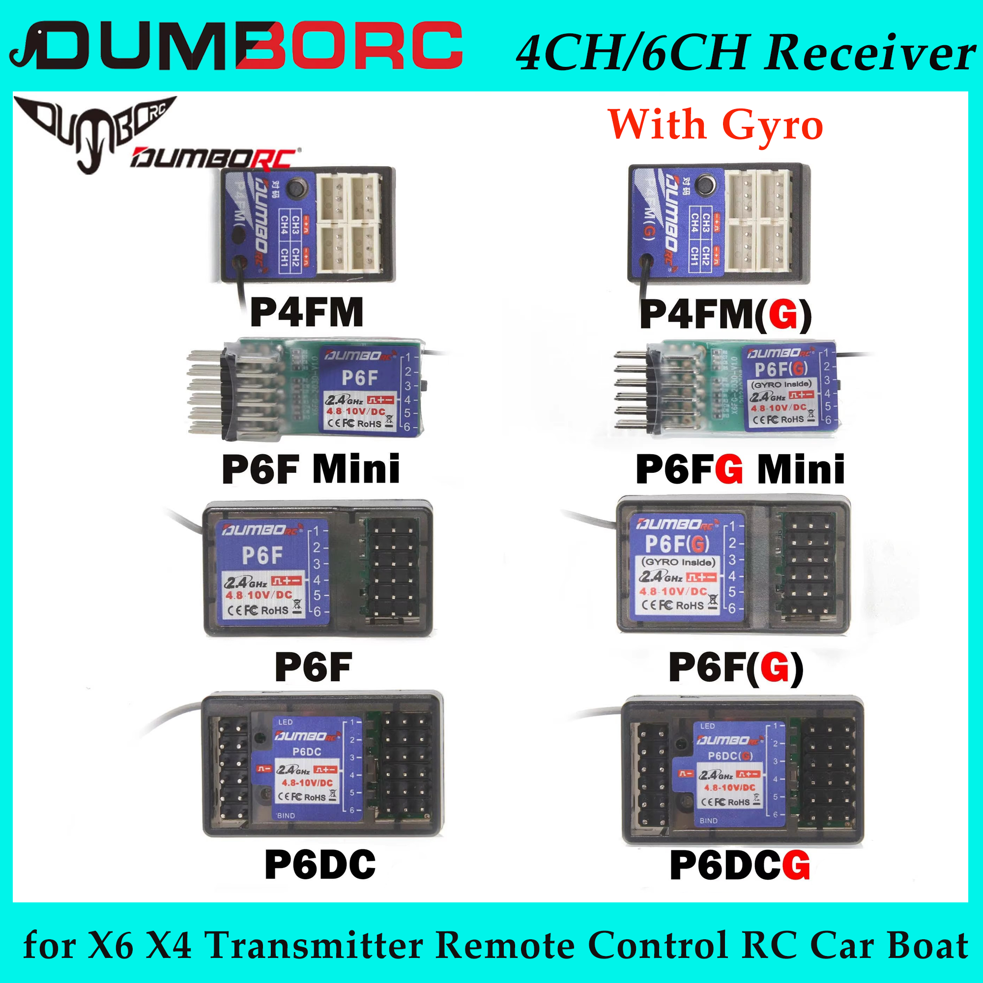 Dumborc 4/6CH p4fm p4fmg p6dc p6dcg p6f p6fg p6fmini p6fgmini 2.4G Gyro Receiver cho X6 X4 Transmitt