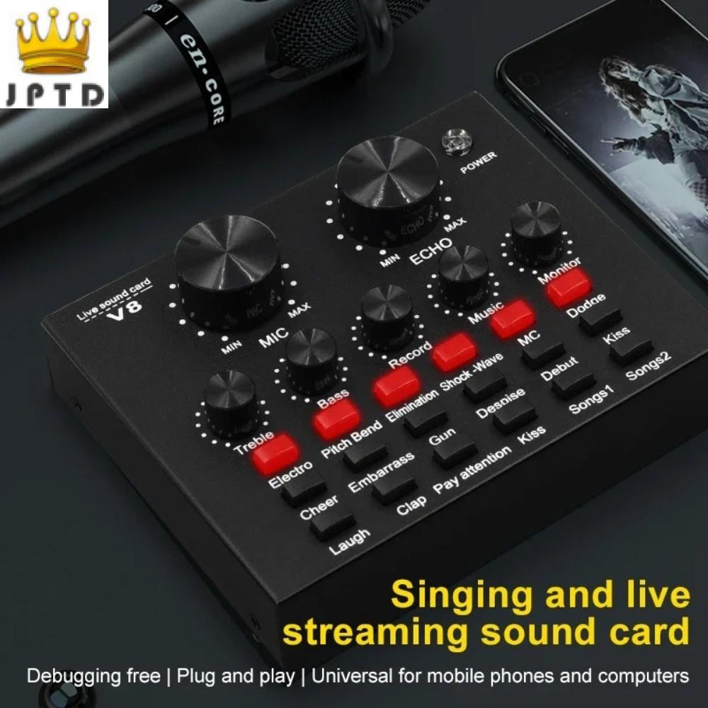 JPTD Ghi âm karaoke Thẻ âm thanh V8 Ghi âm Studio Bộ trộn âm thanh Thẻ âm thanh Mic Bàn trộn âm thanh Đen Thẻ âm thanh ngoài Máy tính PC Giá 208,000 Đồng*Miễn phí vận chuyển