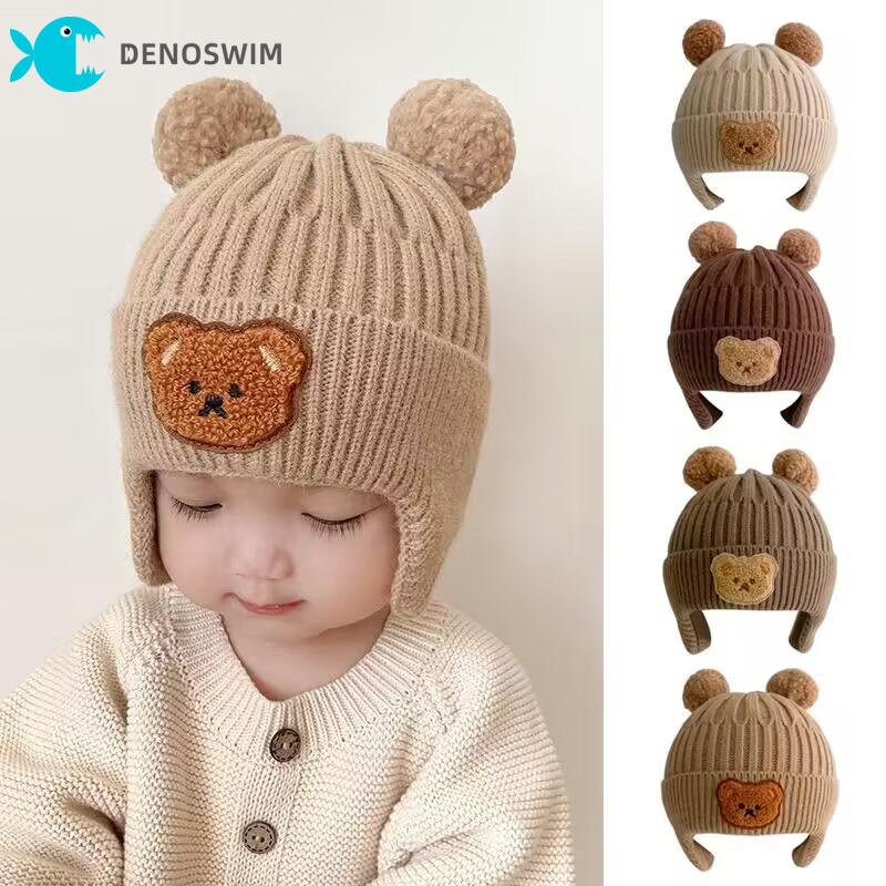 DENOSWIM 8M-4Y Korean Knitted Baby Cap With Earflaps Cute Bear Pompom Kids