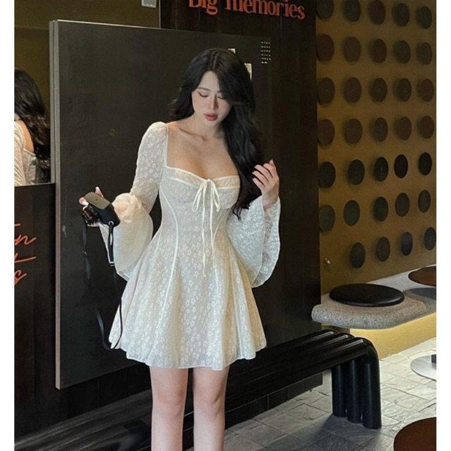 Đầm nữ thiết kế tay loe hoạ tiết hoa mai đầm dự tiệc thanh lịch