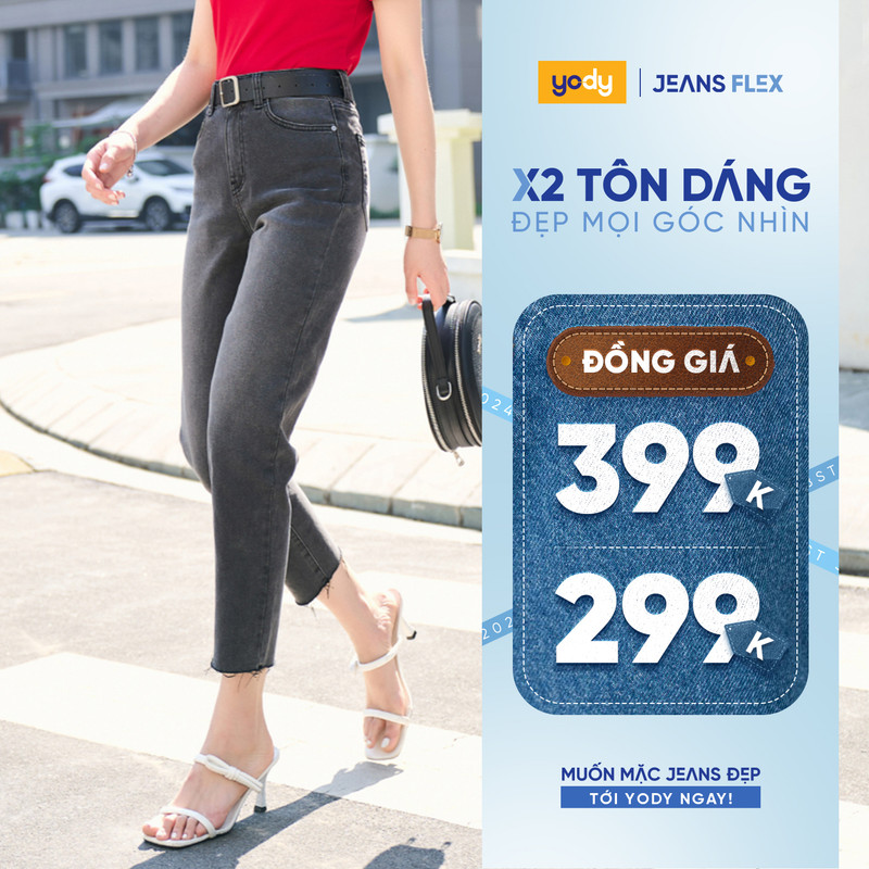 Quần jeans nữ gấu tua rua YODY, quần baggy nữ mềm mại co giãn thỏa mái QJN4018