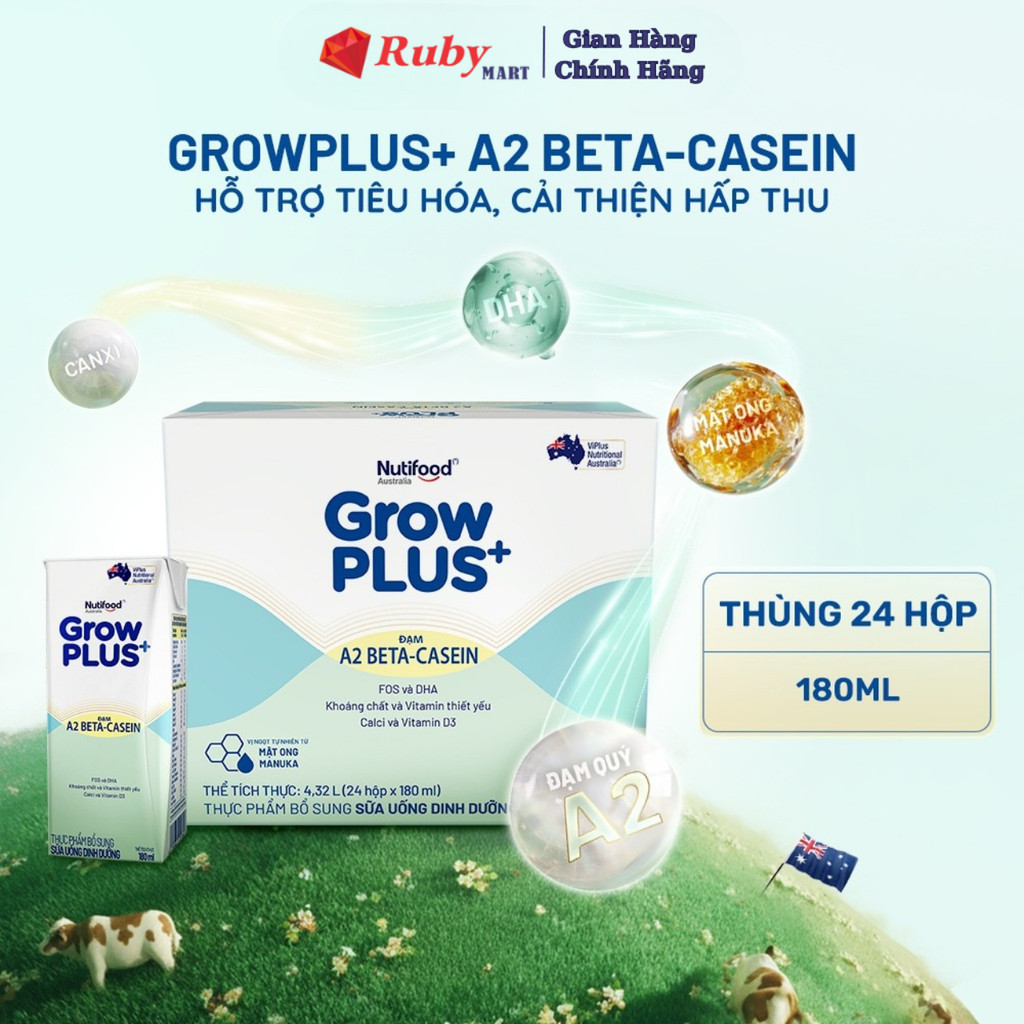 Sữa bột pha sẵn Nutifood Growplus đạm A2 Beta-Casein dễ tiêu hóa 110/180ml