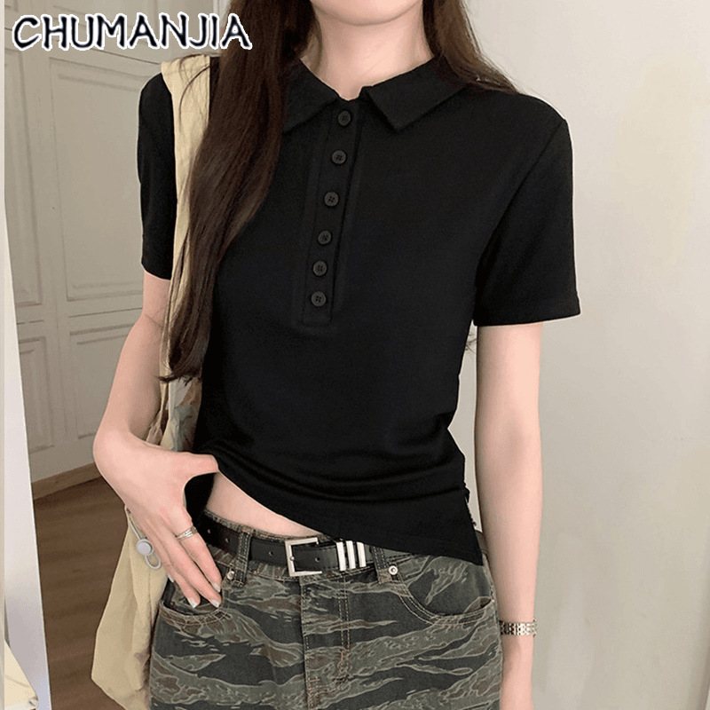 Chu Man Jia Phong Cách Polo Cổ Áo phông ngắn tay Cho Phụ Nữ, Mùa Hè Hàng Mới Về, ôm vừa Giản Dị trang phục công sở Với Nút Chi Tiết