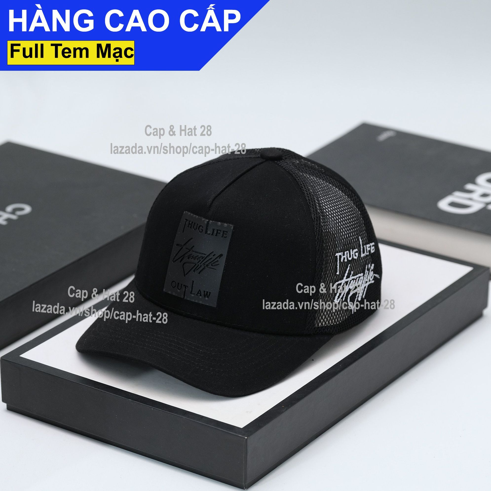 Mũ lưỡi trai nón kết logo thuglife chữ trắng bên hông thoáng mát vải kaki cotton đen phối lưới đen form đứng thời trang cao cấp vừa mọi đầu / nón sơn