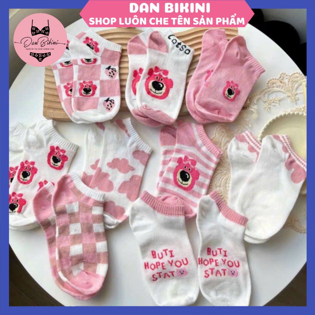 Tất Vớ Nữ Set 10 Đôi Tất Gấu Hồng Cổ Thấp Chất Cotton Cao Cấp Đóng Túi Zip Xịn Xò Mã T44