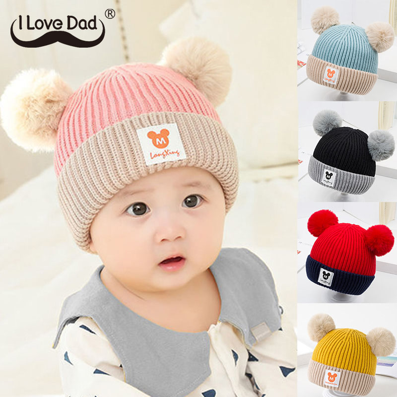 Cute Cartoon Baby Knitted Hat With Plush Ear Winter Thicken Crochet Warm