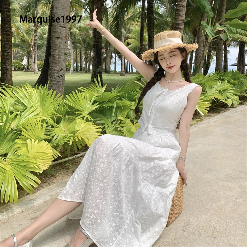 White double line dress+long leg cross pillow wide French summer fashion girlfriend ราคา 649 บาท*ส่งฟรี