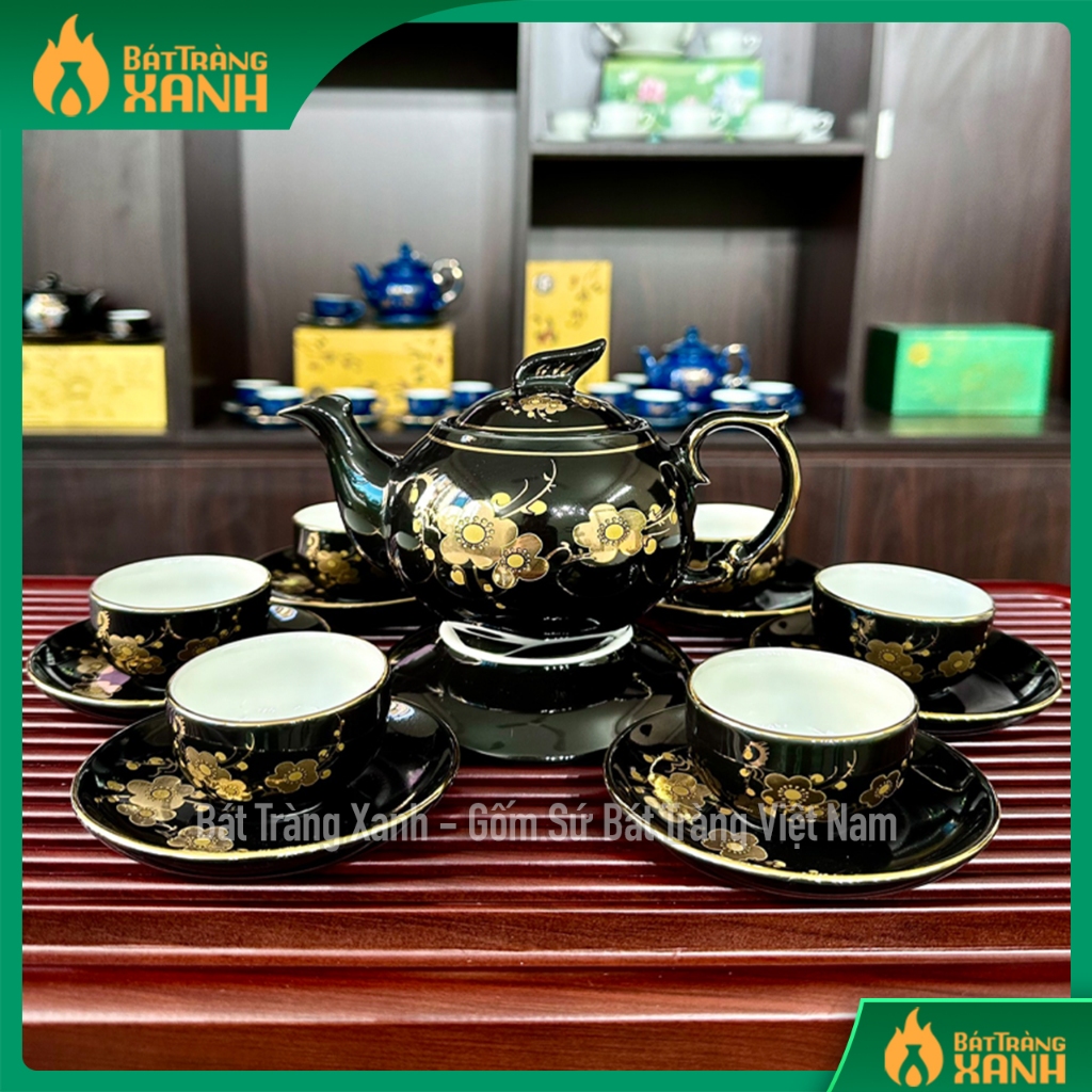 Ấm chén bát tràng cao cấp - ấm chén pha trà - bộ bình trà mai vàng men đen bóng