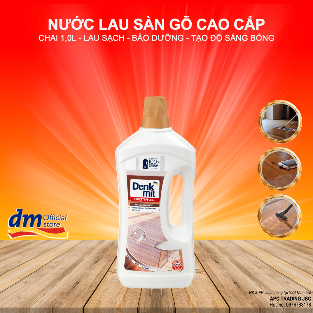 Nước lau sàn gỗ cao cấp Denkmit nhập khẩu Đức chai 1 lít lau sạch và tạo độ sáng bóng cho sàn gỗ