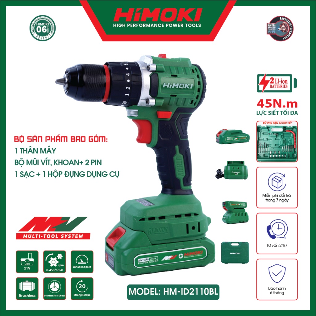 Máy khoan pin HIMOKI 21V HM-ID2110BL động cơ KHÔNG CHỔI THAN - Khoan pin Himoki tặng kèm đầy đủ bộ phụ kiện HIMOKI store thiết bị