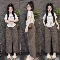 Short Sleeve Pants Fashion Set Women New Embroidery Letter Tee Loose Slim Lace Wide Leg Pants Two Piece