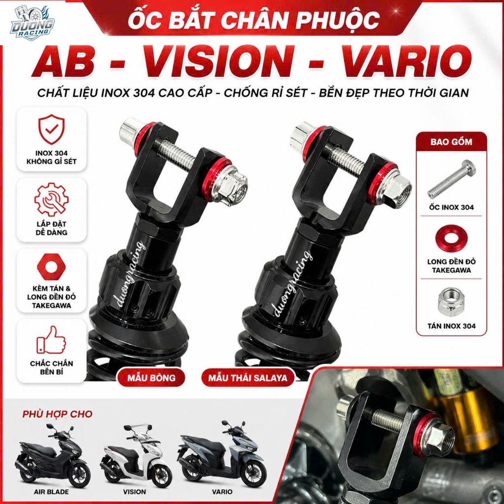 Ốc Bắt Chân Phuộc  Inox 304 Kèm Tán & Long Đền Đỏ Takegaw Gắn Xe Ga Ab, Vario Click, Vision, Lead, Sh Mode, PCX, SH
