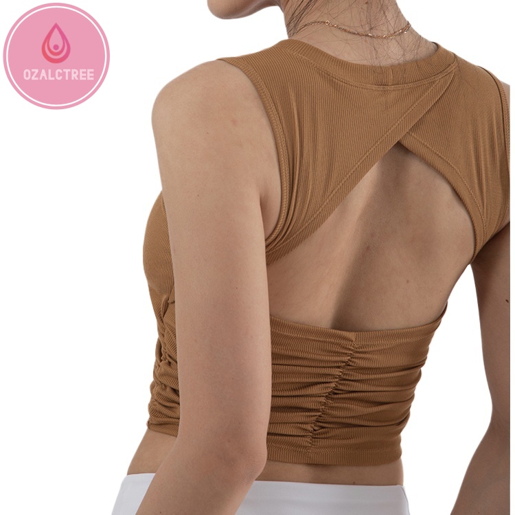 OzalCtree Fashionable Pleated Yoga Running Vest with Chest Pad Sexy Waist Slimming Fitness Vest Daily Wear Sports Rib Tank Top for Women ราคา 469 บาท*ส่งฟรี